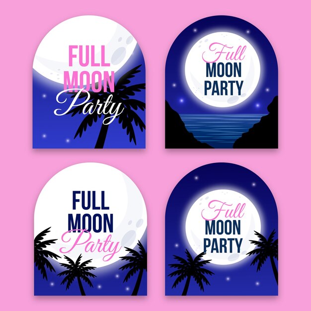 Etiquetas de fiesta de luna llena de diseño plano
