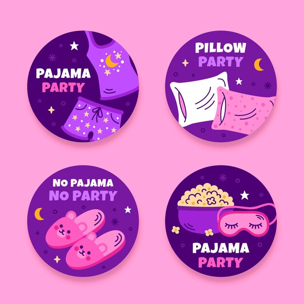 Etiquetas de fiesta de pijamas dibujadas a mano