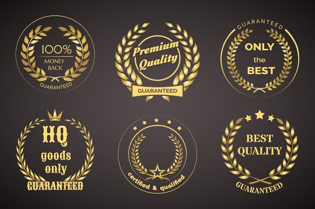 Etiquetas de garantía retro de oro con guirnaldas aisladas en negro