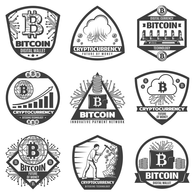 Vector gratuito etiquetas de moneda criptográfica monocromo vintage con signo bitcoin, servidor de red, gráficos de hardware informático, proceso de minería, monedas aisladas