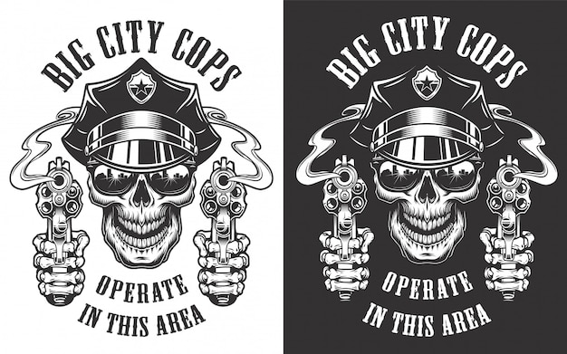 Vector gratuito etiquetas monocromas policiales vintage con bastones cruzados y cráneo en la ilustración de sombrero de policía