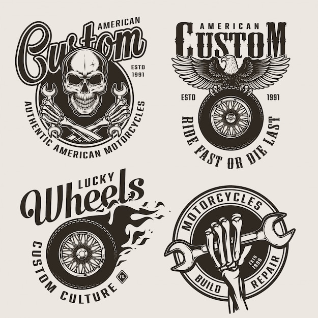 Vector gratuito etiquetas de motocicletas personalizadas monocromáticas vintage
