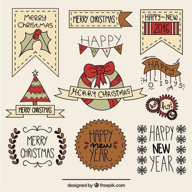 Vector gratuito etiquetas de navidad e insignias dibujadas a mano