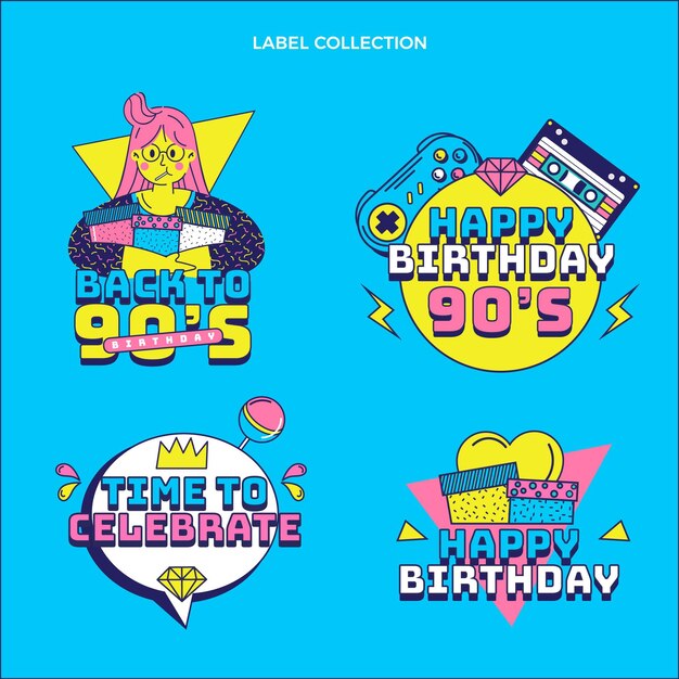 Etiquetas nostálgicas de cumpleaños de los 90 dibujadas a mano