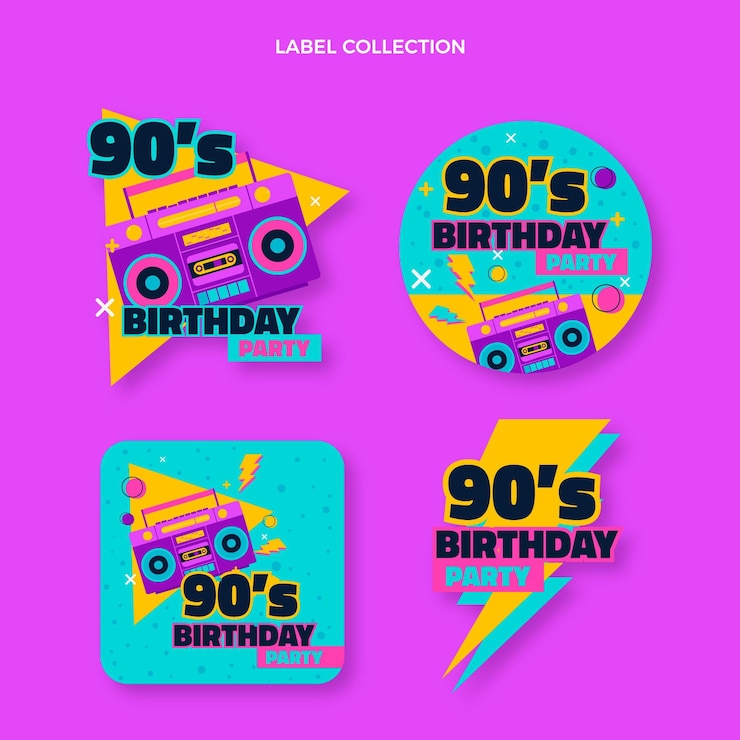 Vector gratuito etiquetas nostálgicas de cumpleaños de los 90 dibujadas a mano