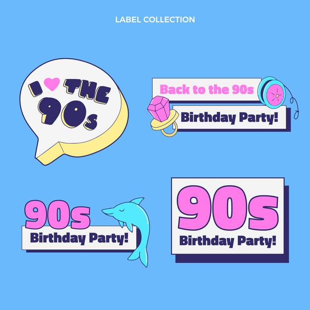 Etiquetas nostálgicas de cumpleaños de los 90 dibujadas a mano