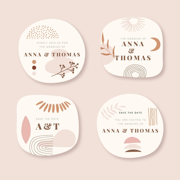 Etiquetas o insignias de boda boho dibujadas a mano