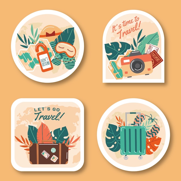 Etiquetas o insignias de viaje planas