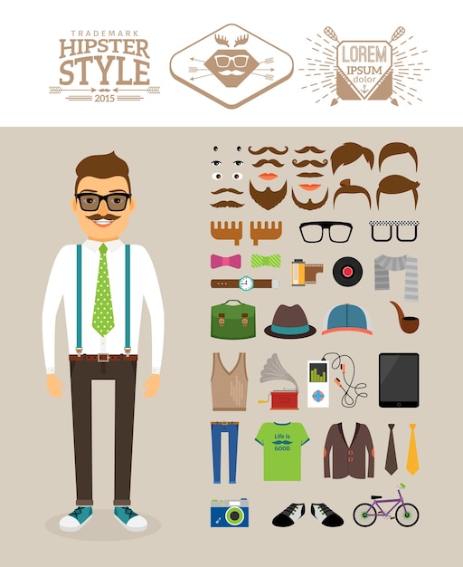 Etiquetas, peinados y accesorios hipster.