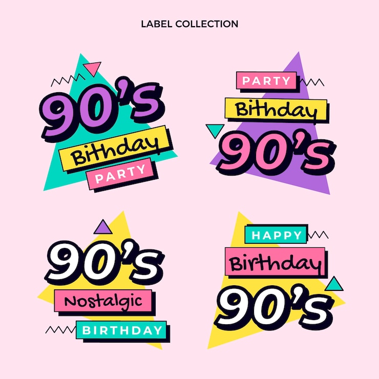 Vector gratuito etiquetas planas de cumpleaños nostálgico de los 90