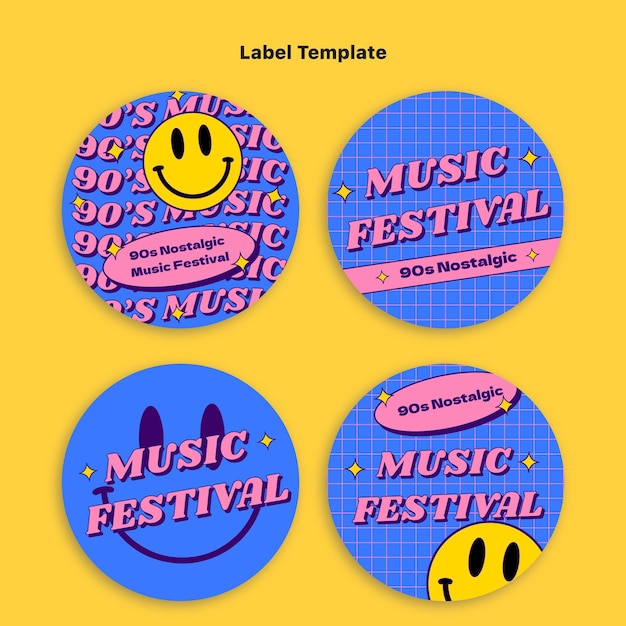 Etiquetas planas de festivales de música nostálgica de los 90