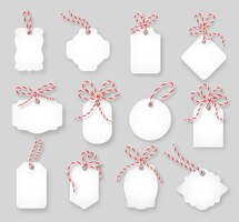 Vector gratuito etiquetas de precios y tarjetas de regalo atadas con lazos de hilo. papel de etiqueta, diseño de venta, nudo tring, ilustración vectorial