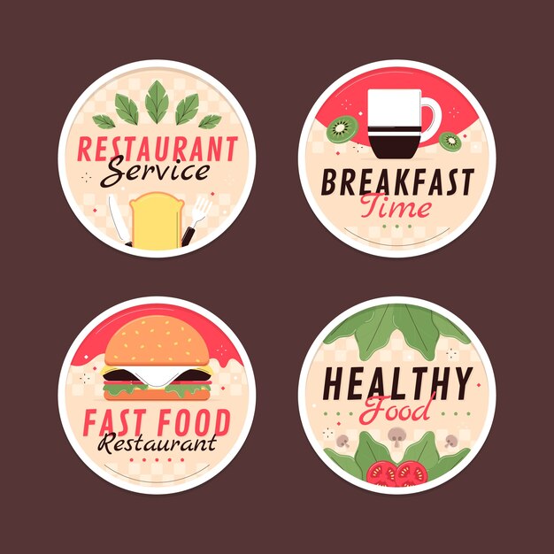 Etiquetas de restaurantes de comida sabrosa de diseño plano