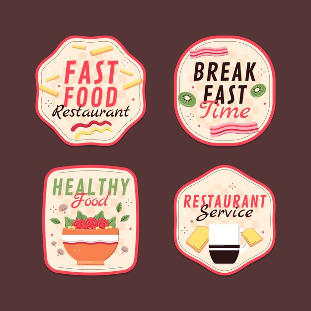 Etiquetas de restaurantes de comida sabrosa de diseño plano
