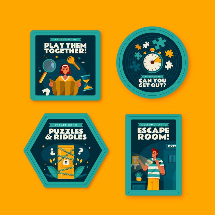 Vector gratuito etiquetas de sala de escape de diseño plano