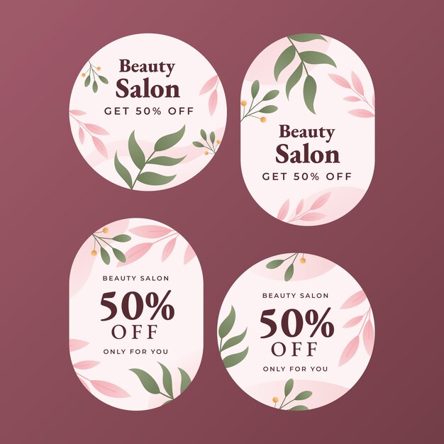 Etiquetas de salón de belleza realistas con hojas.