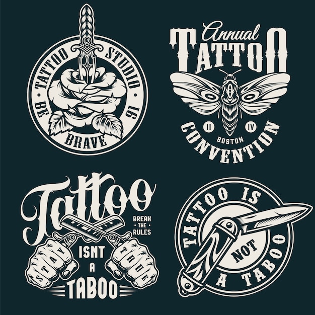 Vector gratuito etiquetas de salón de tatuaje monocromo vintage