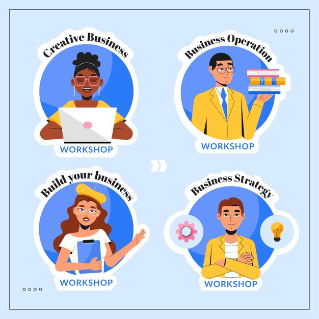 Etiquetas de taller de negocios de diseño plano