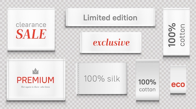 Vector gratuito etiquetas de tela para prendas de vestir, etiquetas blancas de marcas premium