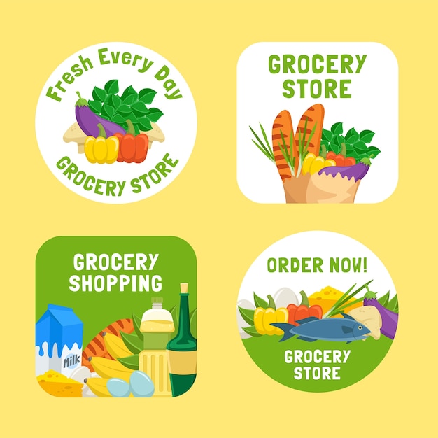 Vector gratuito etiquetas de tiendas de comestibles dibujadas a mano