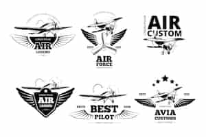 Vector gratuito etiquetas de vector de emblemas de avión. logotipo de aviación, vuelo y mejor ilustración de piloto.