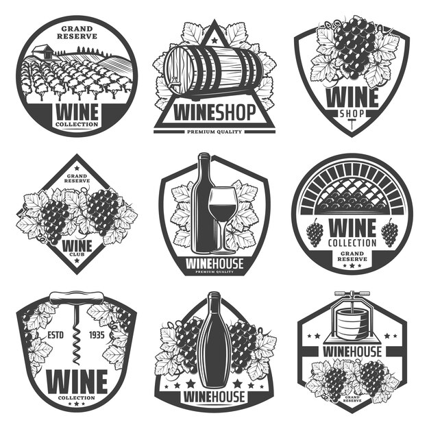 Etiquetas de vino monocromáticas vintage con botellas de vino, barriles de madera de racimos de uva de vino, viñedo sacacorchos aislado