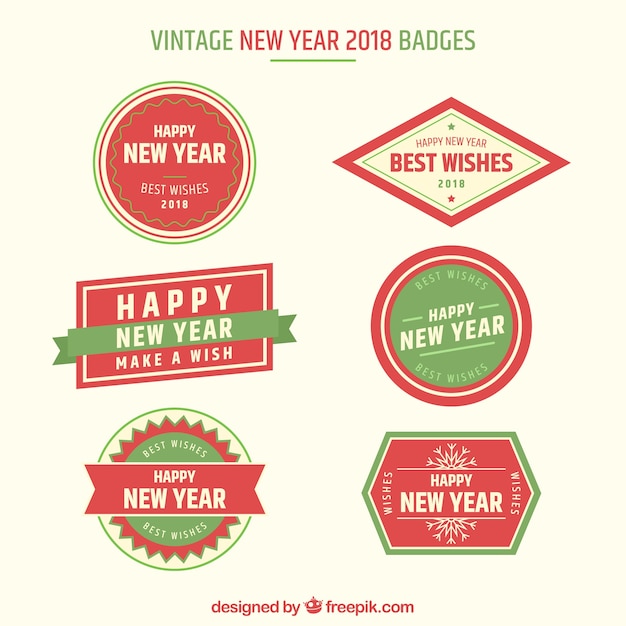 Etiquetas vintage de año nuevo en rojo y verde