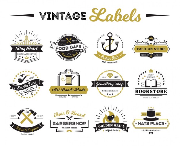 Etiquetas vintage de tiendas de hoteles y cafés, incluyendo una peluquería de librería