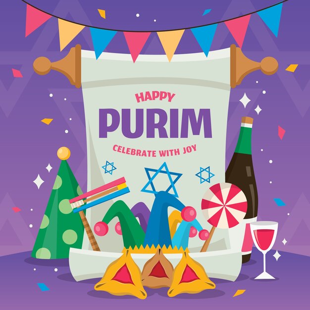 Evento feliz del día de purim del diseño plano