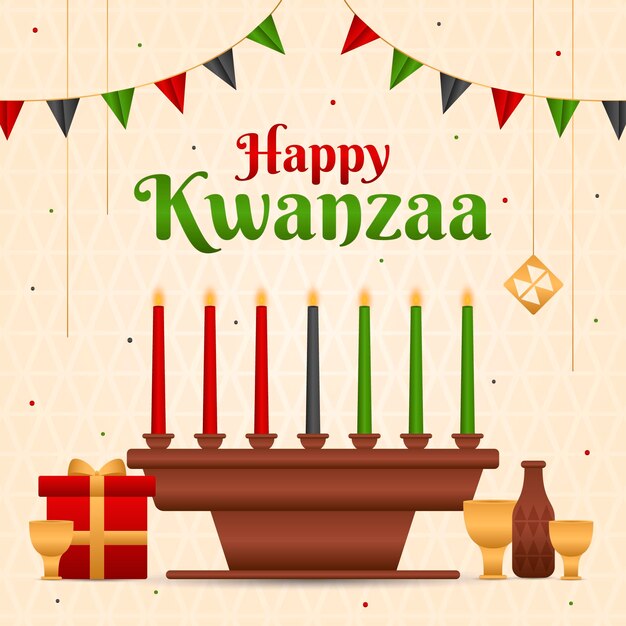 Evento Kwanzaa con ilustración de candelabros.