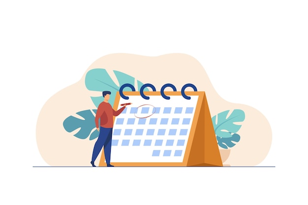 Evento de planificación del gerente. Hombre marcando la fecha en la ilustración plana de la página del calendario.
