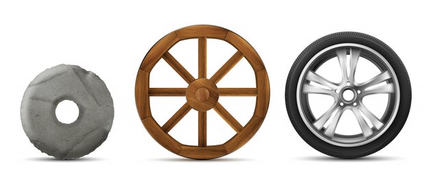 Evolución de piedra, madera y ruedas modernas.