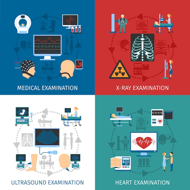 Vector gratuito examen médico 4 iconos planos cuadrados