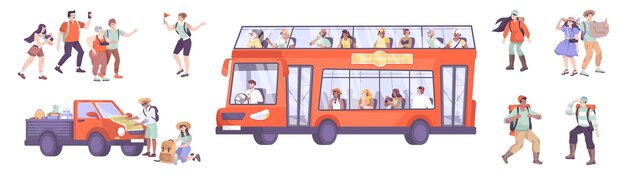 Excursión conjunto de iconos planos con autobús turístico de automóviles y personajes humanos de viajeros y turistas ilustración vectorial