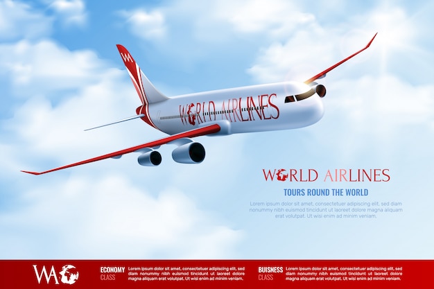 Excursiones alrededor del cartel publicitario mundial con avión de pasajeros que viaja en cielo azul nublado realista