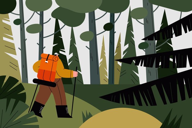 Excursionista dibujado a mano en paisaje forestal
