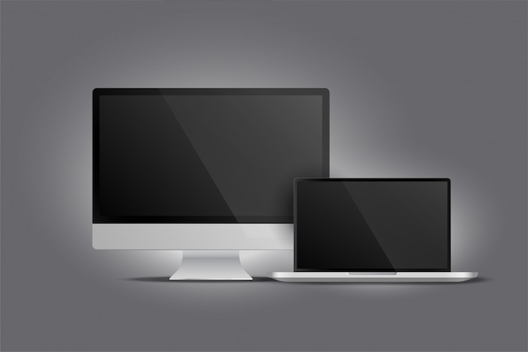 Vector gratuito exhibición realista del monitor de escritorio y portátil