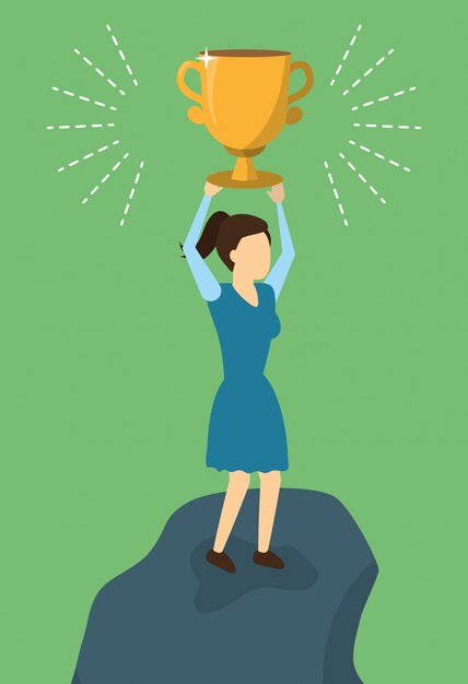 Éxito del trofeo de negocios mujer, estilo plano