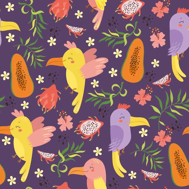 exóticas de patrones sin fisuras con loros y frutas