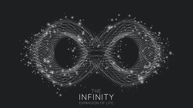 Expansión infinita de la vida. Fondo de explosión de signo de infinito. Las partículas pequeñas se salen del centro.