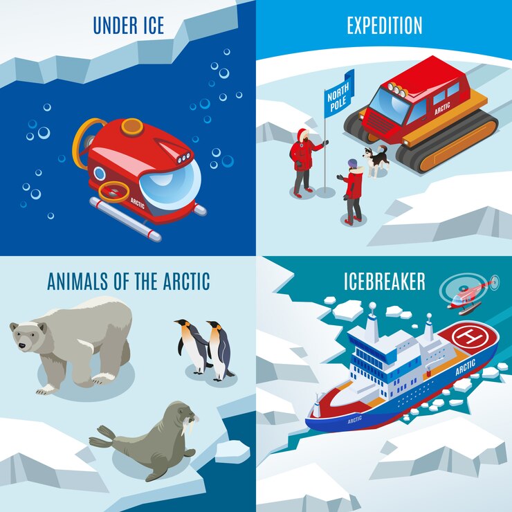 Vector gratuito expedición descubrimientos de animales del norte bajo agua congelada conjunto de composición de rompehielos