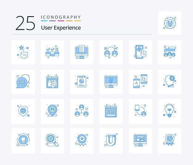 Experiencia de usuario 25 paquete de iconos de color azul que incluye analizar el diseño de prueba de la computadora del usuario