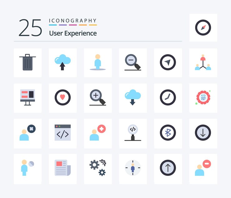 Vector gratuito experiencia de usuario paquete de iconos de 25 colores planos que incluye búsqueda de cursor menos subir lupa menos