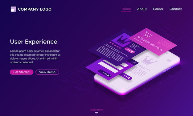 Experiencia del usuario, ui ux página de inicio isométrica