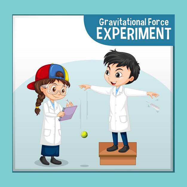 Experimento de fuerza gravitacional con personaje de dibujos animados de niños científicos