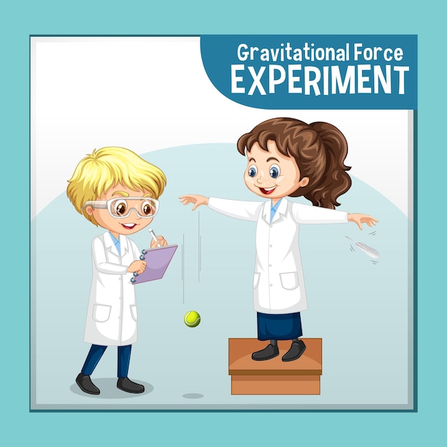 Vector gratuito experimento de fuerza gravitacional con personaje de dibujos animados de niños científicos