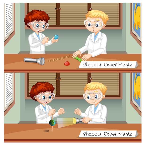 Experimento de sombras con personaje de dibujos animados de niños científico