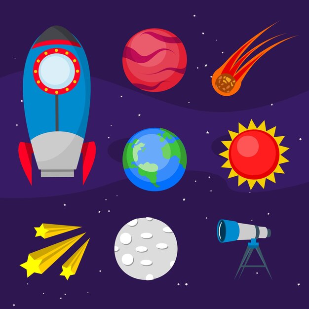 Exploración del transbordador de naves espaciales Volar en el vehículo espacial exterior y la estación de astronomía de la máquina planeta meteorito Ilustración plana de dibujos animados vectoriales