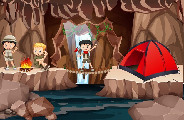 Exploradores de niños explorando la cueva