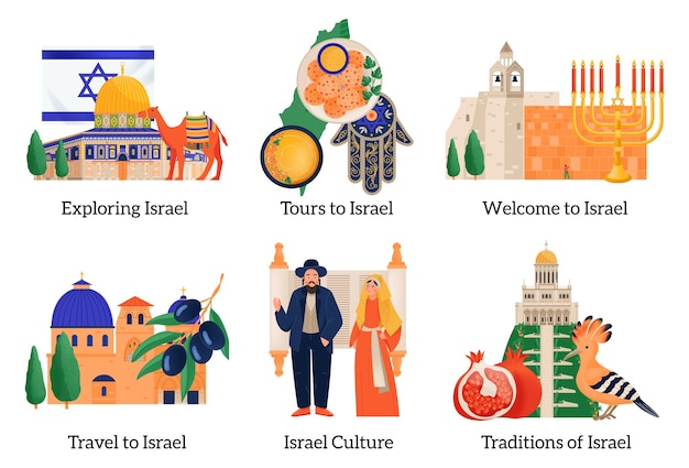 Explorando composiciones planas de israel con símbolos de naturaleza de cocina de arquitectura cultural ilustración vectorial aislada